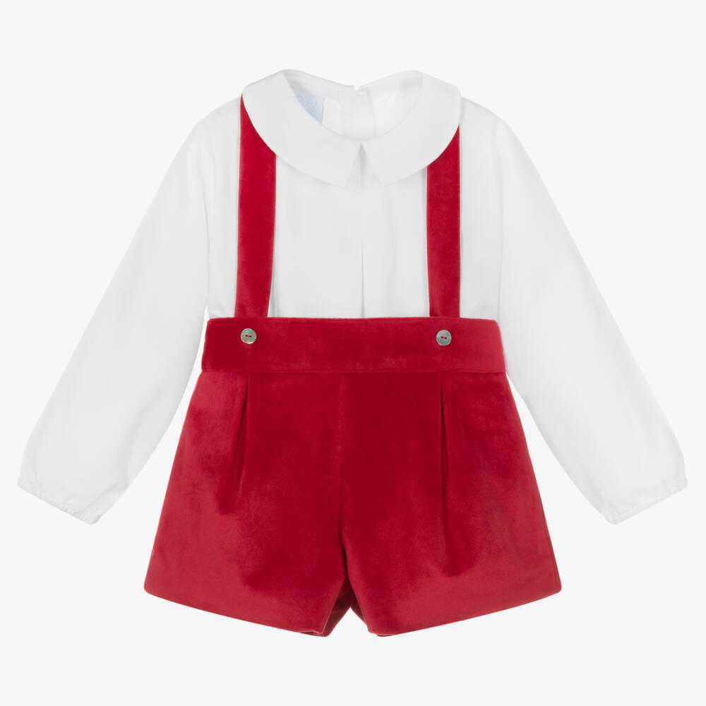 Artesanía Granlei-Boys Red Cotton Velvet Shorts Set | Childrensalon Outlet