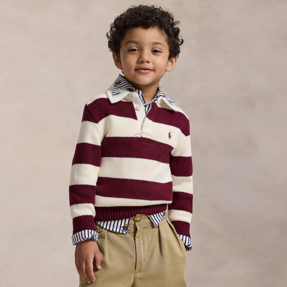 Ralph Lauren-Boys Red & Ivory Stripe Cotton Knit Rugby Sweater | Childrensalon Outlet