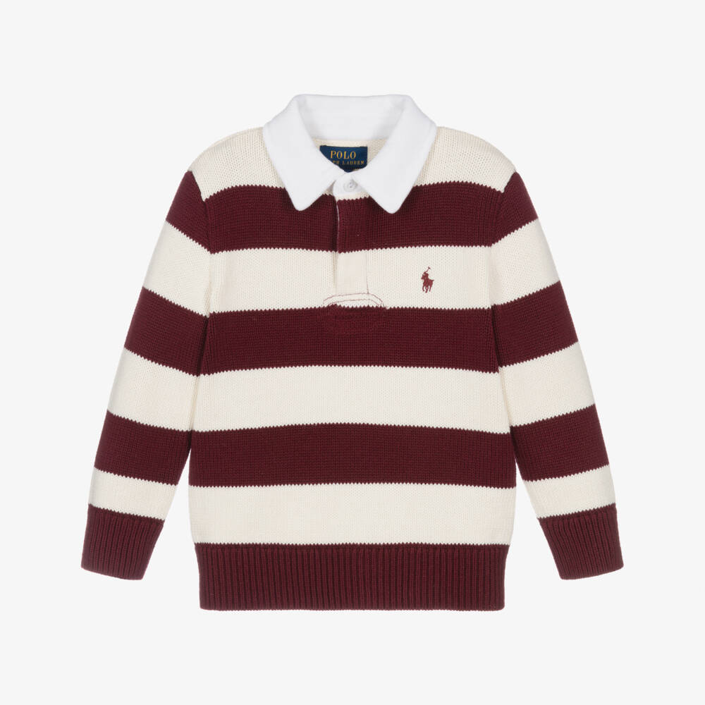 Ralph Lauren-Boys Red & Ivory Stripe Cotton Knit Rugby Sweater | Childrensalon Outlet