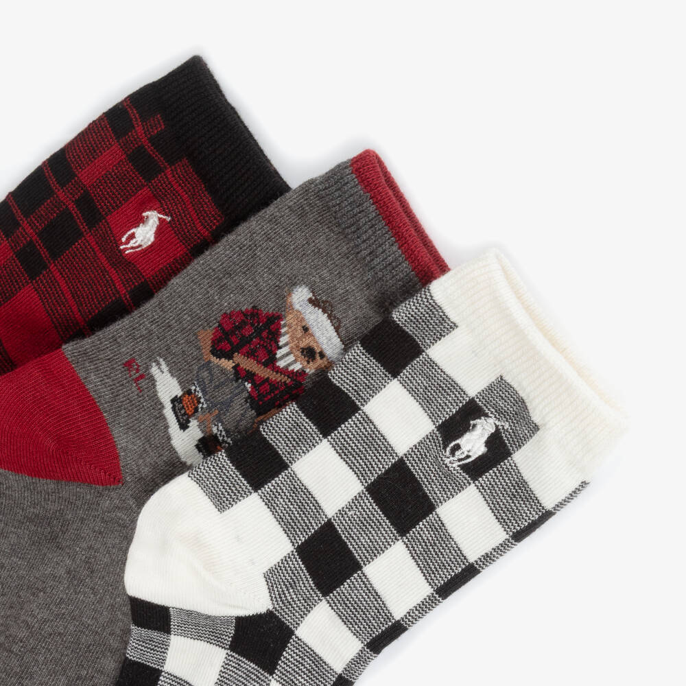 Ralph Lauren-Boys Red Knitted Ankle Socks with Polo Bear Motif (3 Pack) | Childrensalon Outlet