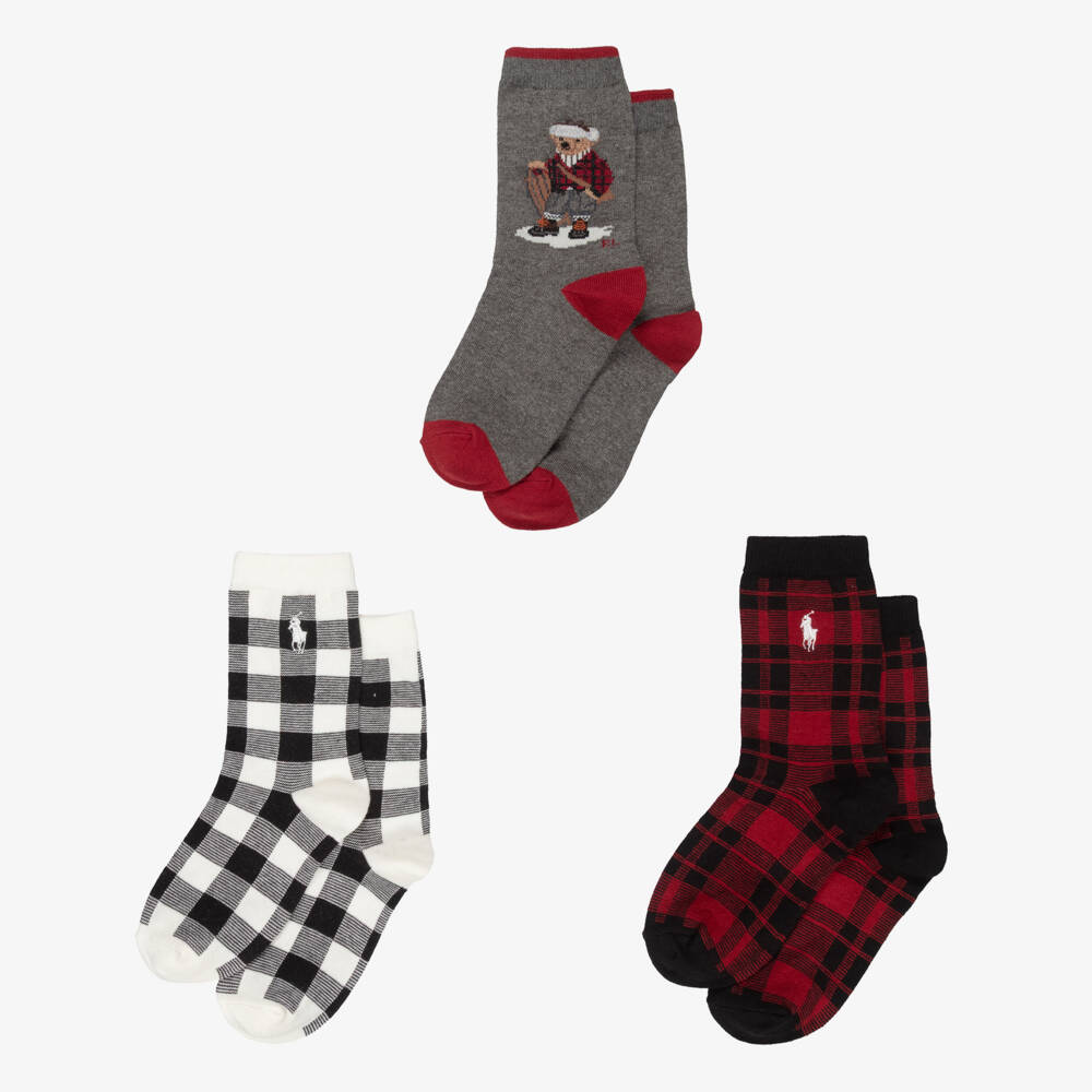Ralph Lauren-Boys Red Knitted Ankle Socks with Polo Bear Motif (3 Pack) | Childrensalon Outlet