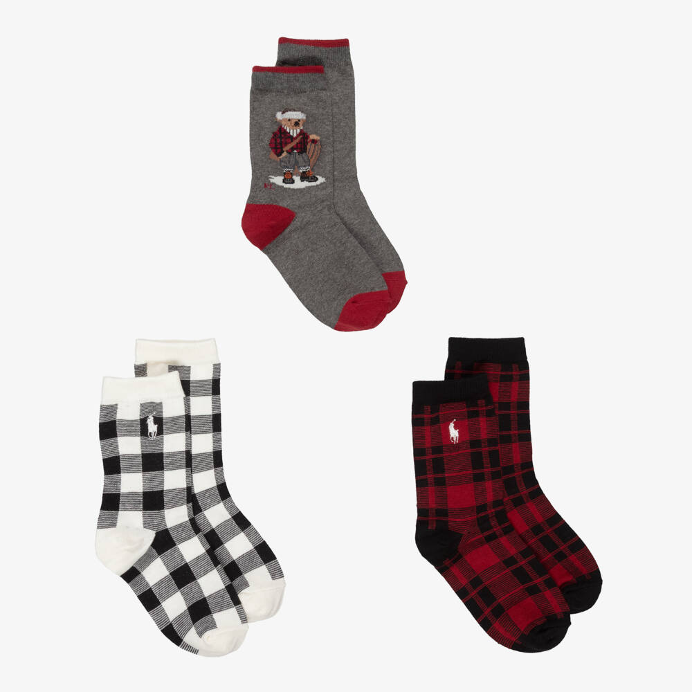Ralph Lauren-Boys Red Knitted Ankle Socks with Polo Bear Motif (3 Pack) | Childrensalon Outlet