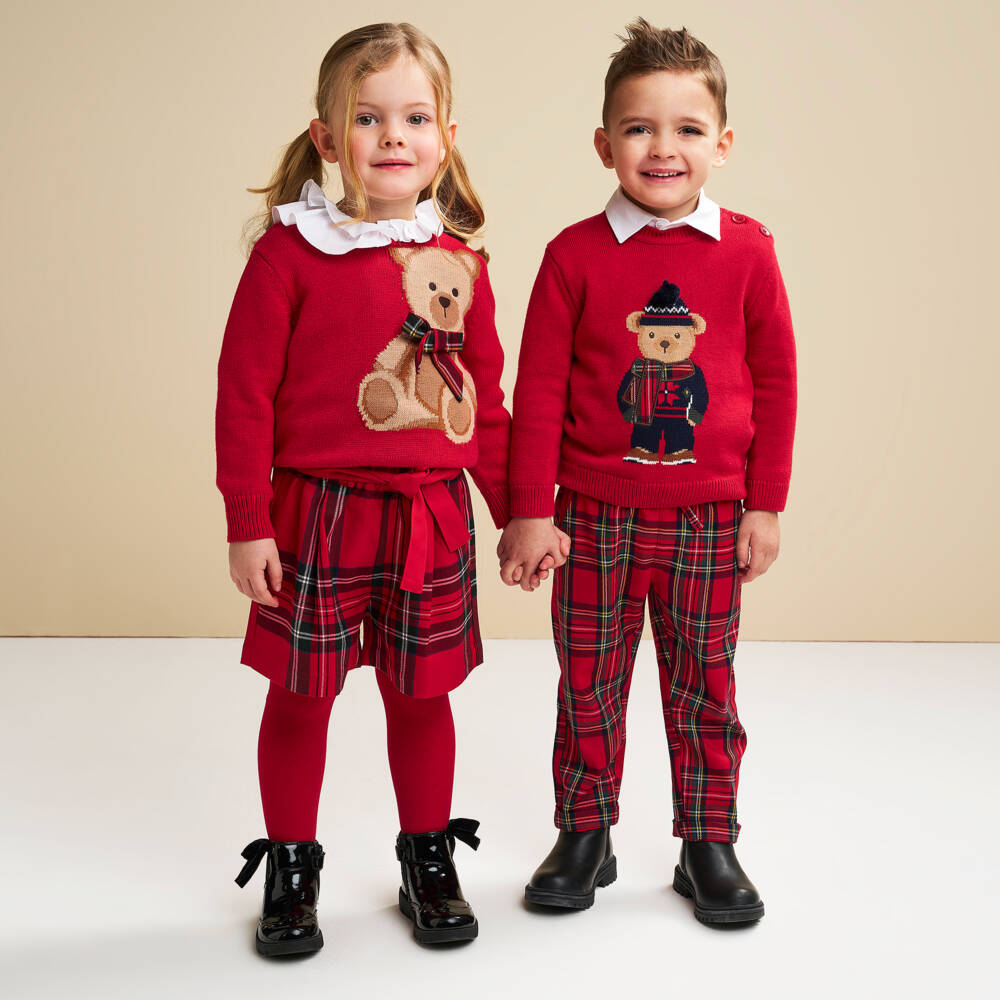 iDO-Boys Red Knitted Bear Sweater with Pom-Pom | Childrensalon Outlet