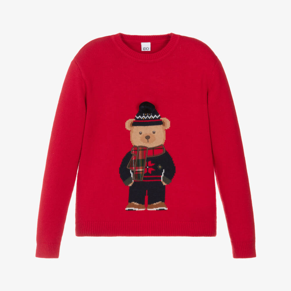 iDO-Boys Red Knitted Bear Sweater with Pom-Pom | Childrensalon Outlet
