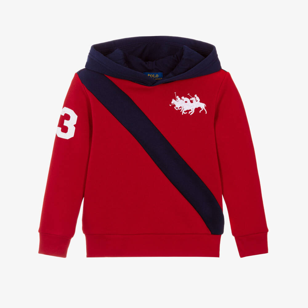 Ralph Lauren-Boys Red & Navy Blue Cotton Hoodie with Triple-Pony Logo | Childrensalon Outlet