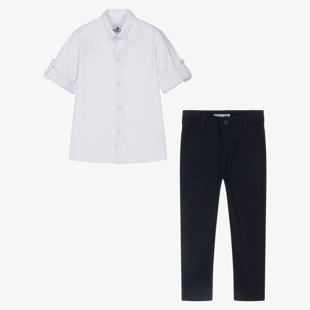 Beau KiD-Boys Red & Navy Blue Cotton Suit with Belt & Bow Tie | Childrensalon Outlet