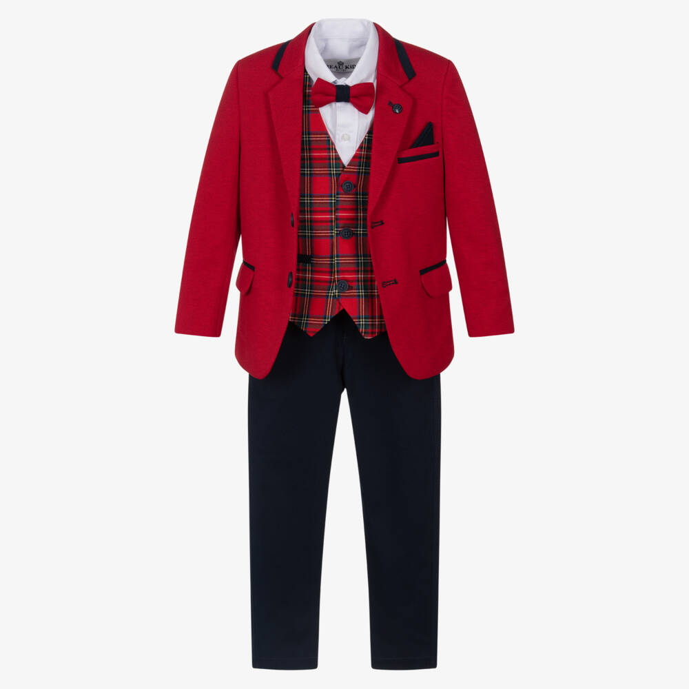 Beau KiD-Boys Red & Navy Blue Cotton Suit with Belt & Bow Tie | Childrensalon Outlet