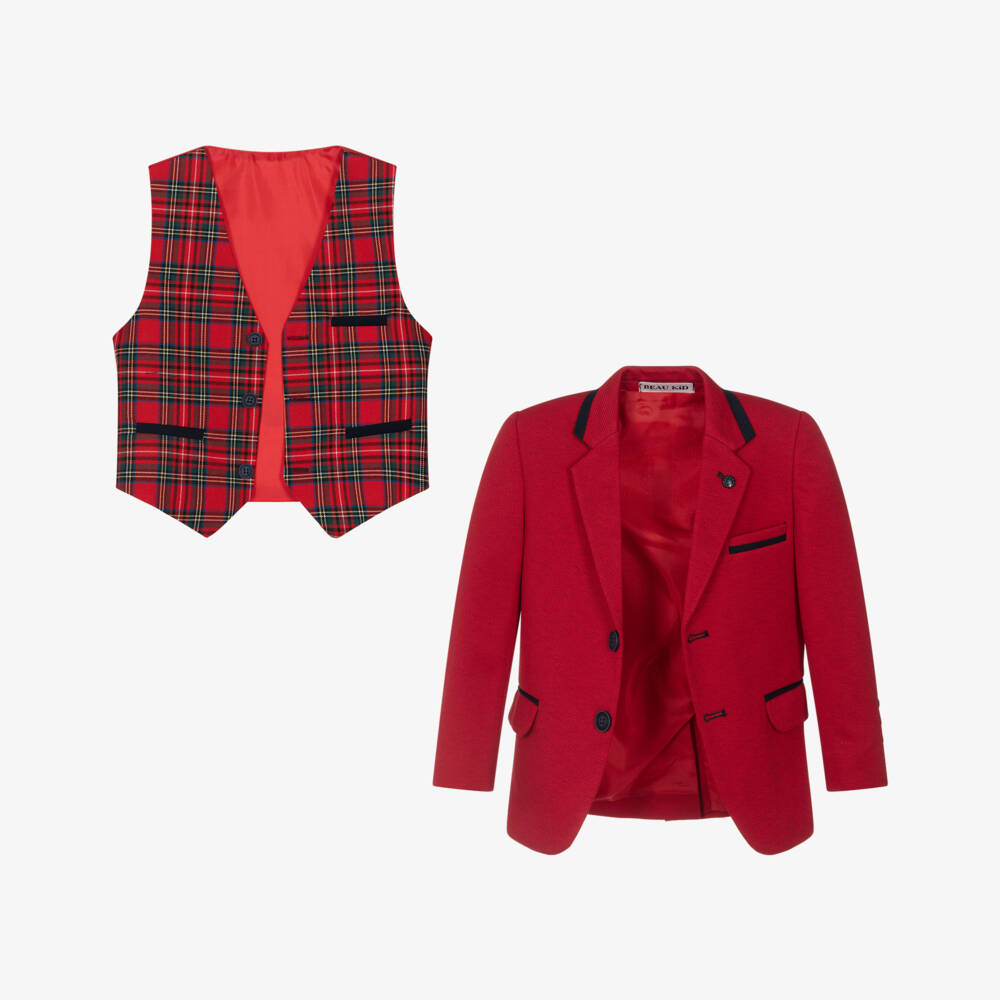 Beau KiD-Boys Red & Navy Blue Cotton Suit with Belt & Bow Tie | Childrensalon Outlet