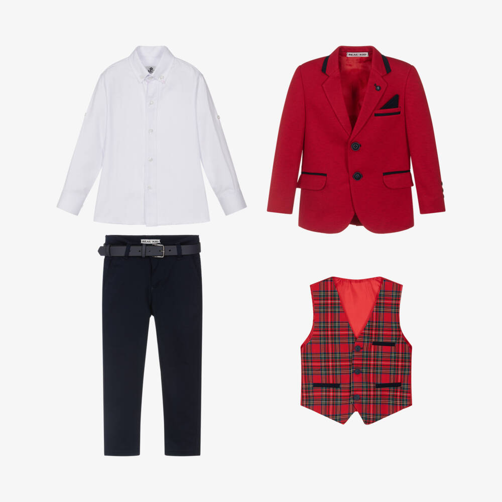 Beau KiD-Boys Red & Navy Blue Cotton Suit with Belt & Bow Tie | Childrensalon Outlet