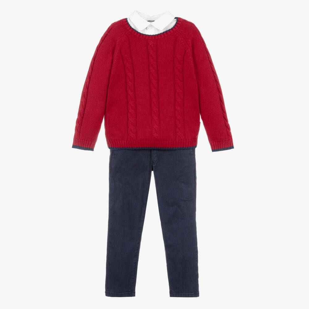 Tutto Piccolo-Boys Red Sweater & Navy Blue Twill Trouser Set | Childrensalon Outlet