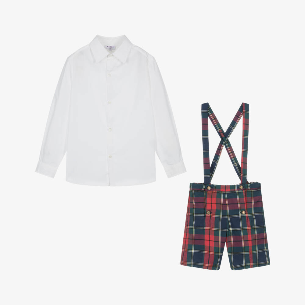 Kidiwi-Boys Red Tartan Cotton Shorts Set with Bow Tie | Childrensalon Outlet