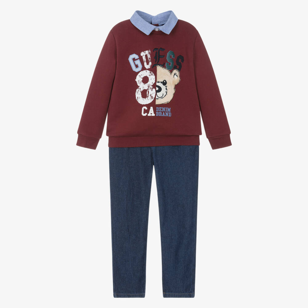 Guess-Boys Red Teddy Bear Sweatshirt & Blue Jeans Set | Childrensalon Outlet
