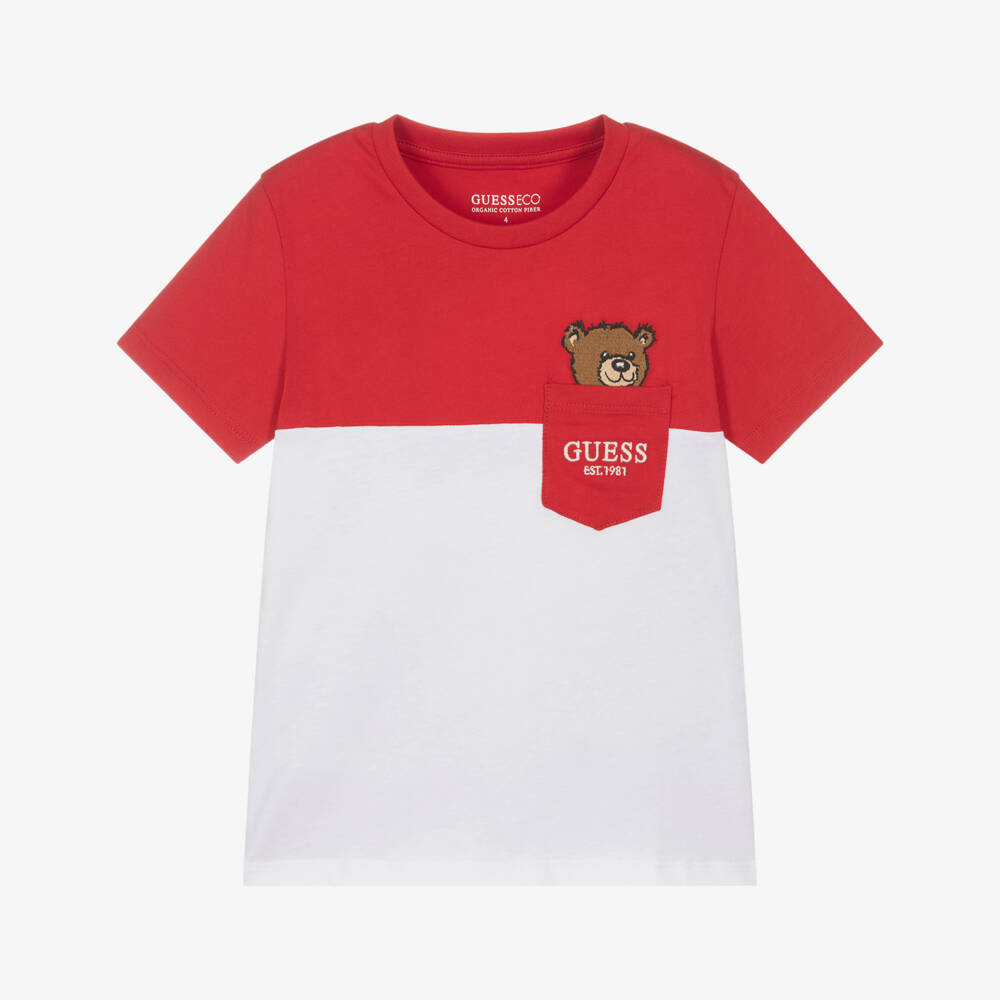 Guess-Boys Red & White Cotton Teddy Bear Pocket T-Shirt | Childrensalon Outlet