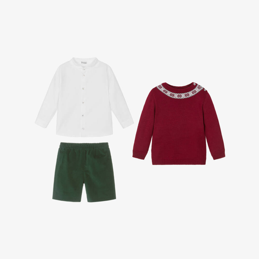 Mebi-Boys Red, White & Green Fair Isle & Velvet Shorts Set | Childrensalon Outlet