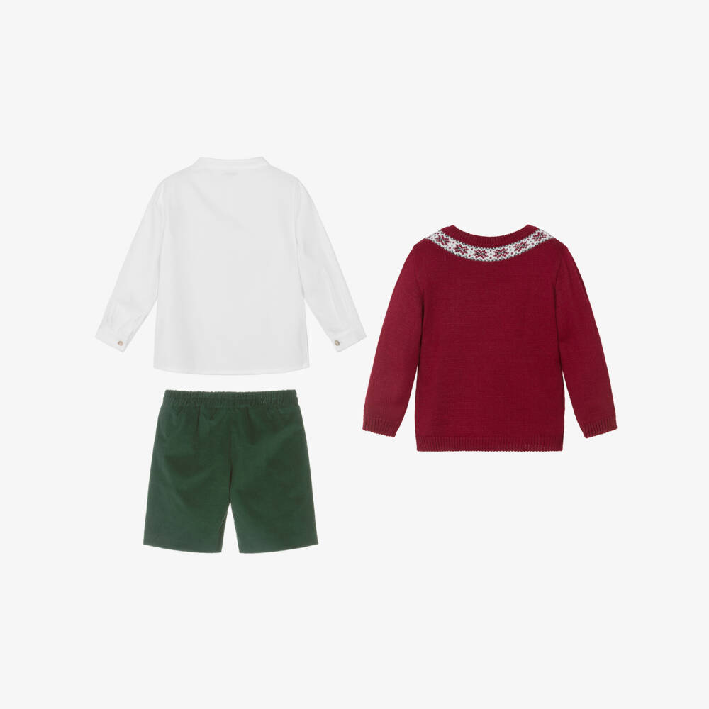 Mebi-Boys Red, White & Green Fair Isle & Velvet Shorts Set | Childrensalon Outlet