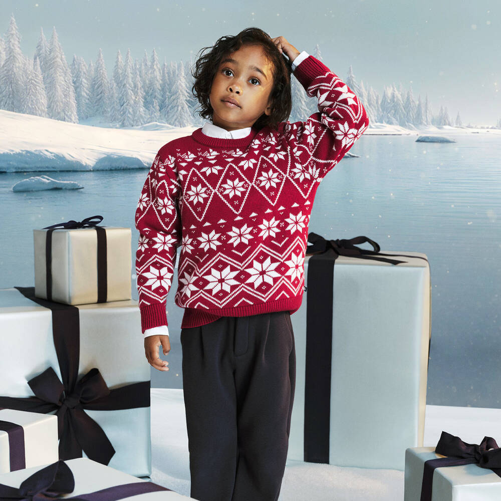 Petit Bateau-Boys Red Wool & Cotton Knit Festive Fair Isle Sweater | Childrensalon Outlet