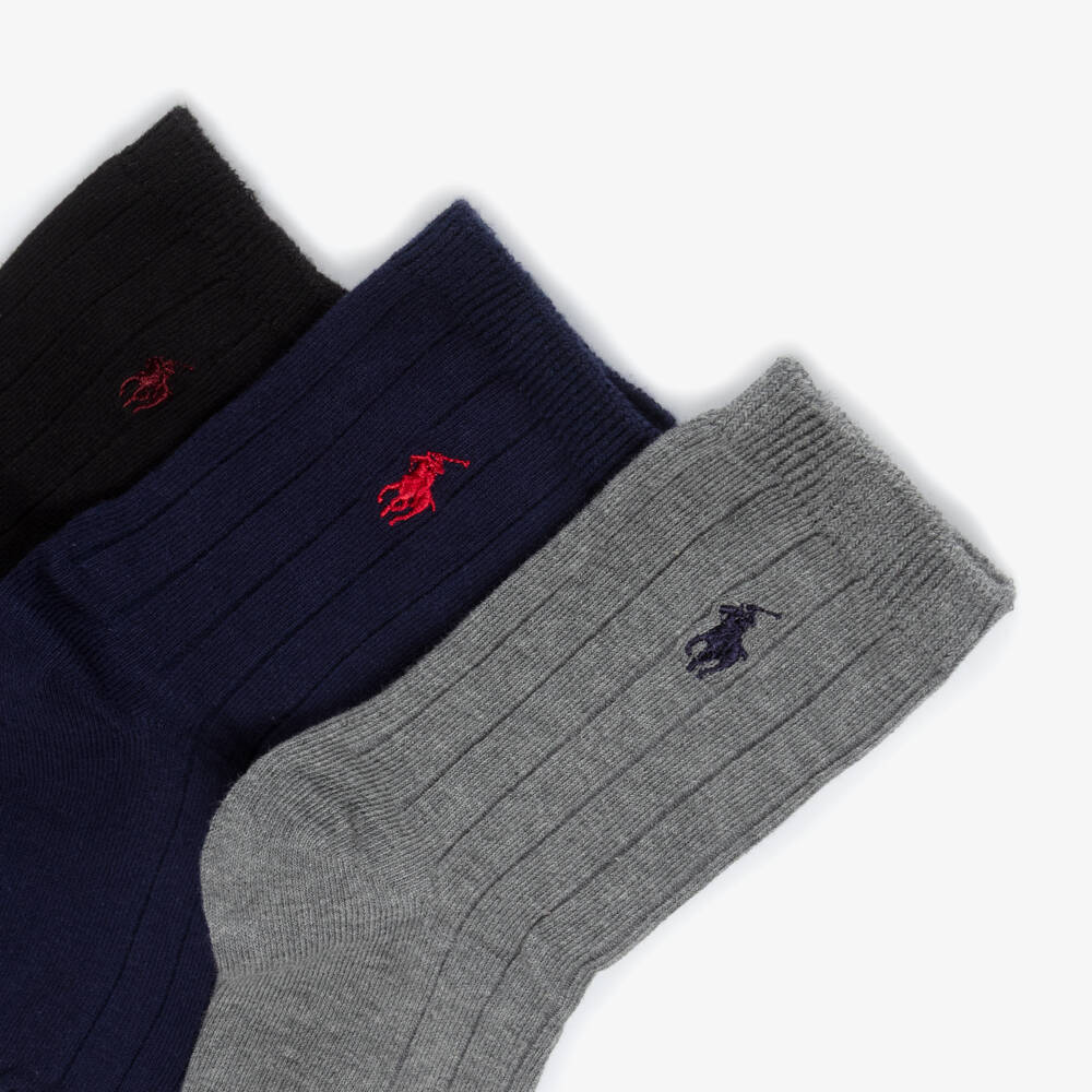Ralph Lauren-Boys Ribbed Knit Ankle Socks with Pony Logo (3 Pack) | Childrensalon Outlet