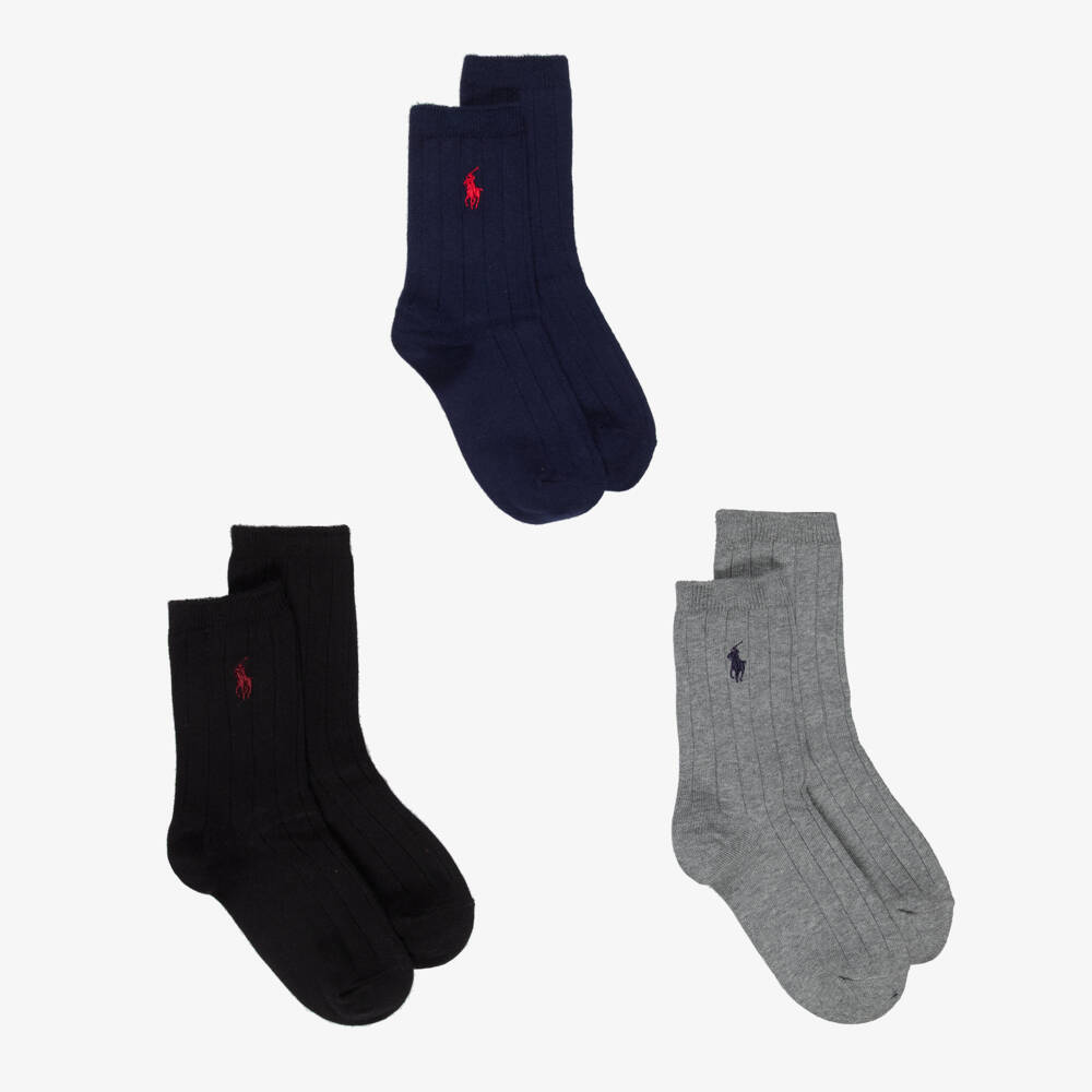 Ralph Lauren-Boys Ribbed Knit Ankle Socks with Pony Logo (3 Pack) | Childrensalon Outlet