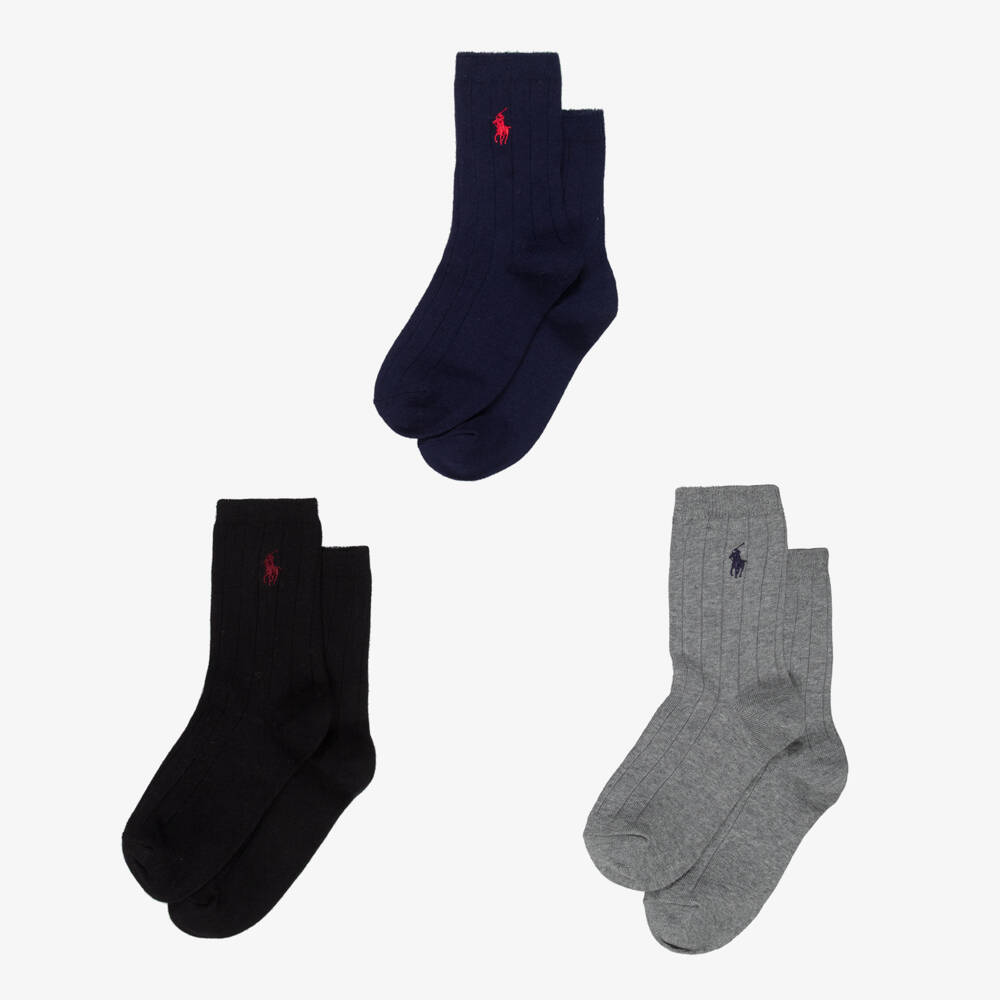Ralph Lauren-Boys Ribbed Knit Ankle Socks with Pony Logo (3 Pack) | Childrensalon Outlet