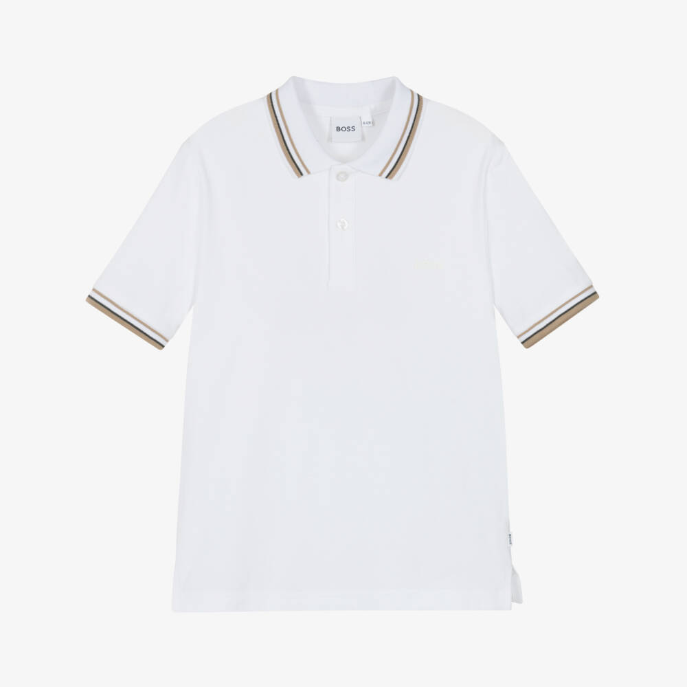 BOSS-Boys Short-Sleeved White Cotton Piqué Polo Shirt | Childrensalon Outlet