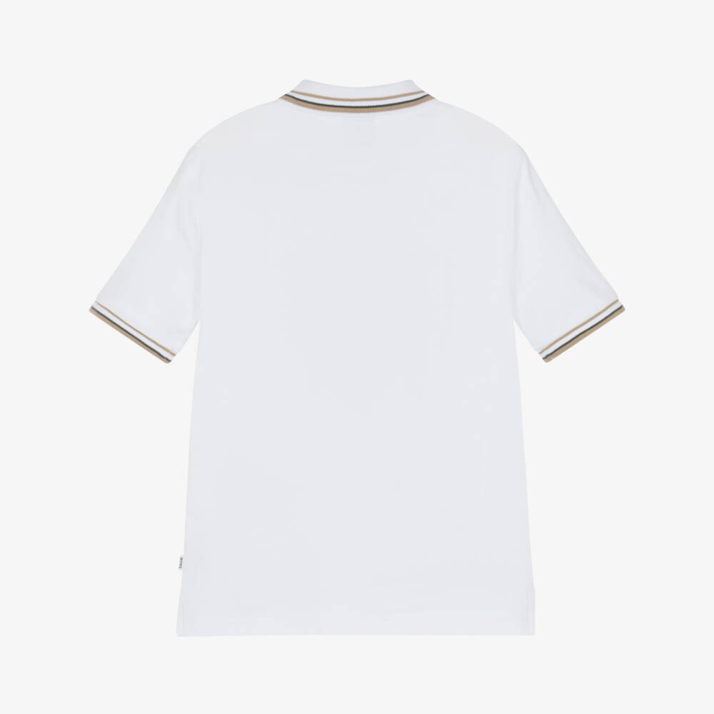 BOSS-Boys Short-Sleeved White Cotton Piqué Polo Shirt | Childrensalon Outlet