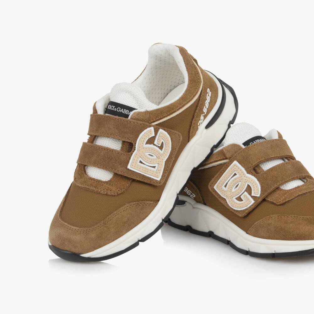 Dolce & Gabbana-Boys Tan Brown Suede Leather DG Velcro Trainers | Childrensalon Outlet