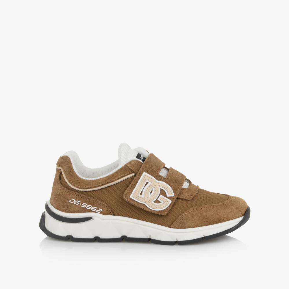 Dolce & Gabbana-Boys Tan Brown Suede Leather DG Velcro Trainers | Childrensalon Outlet