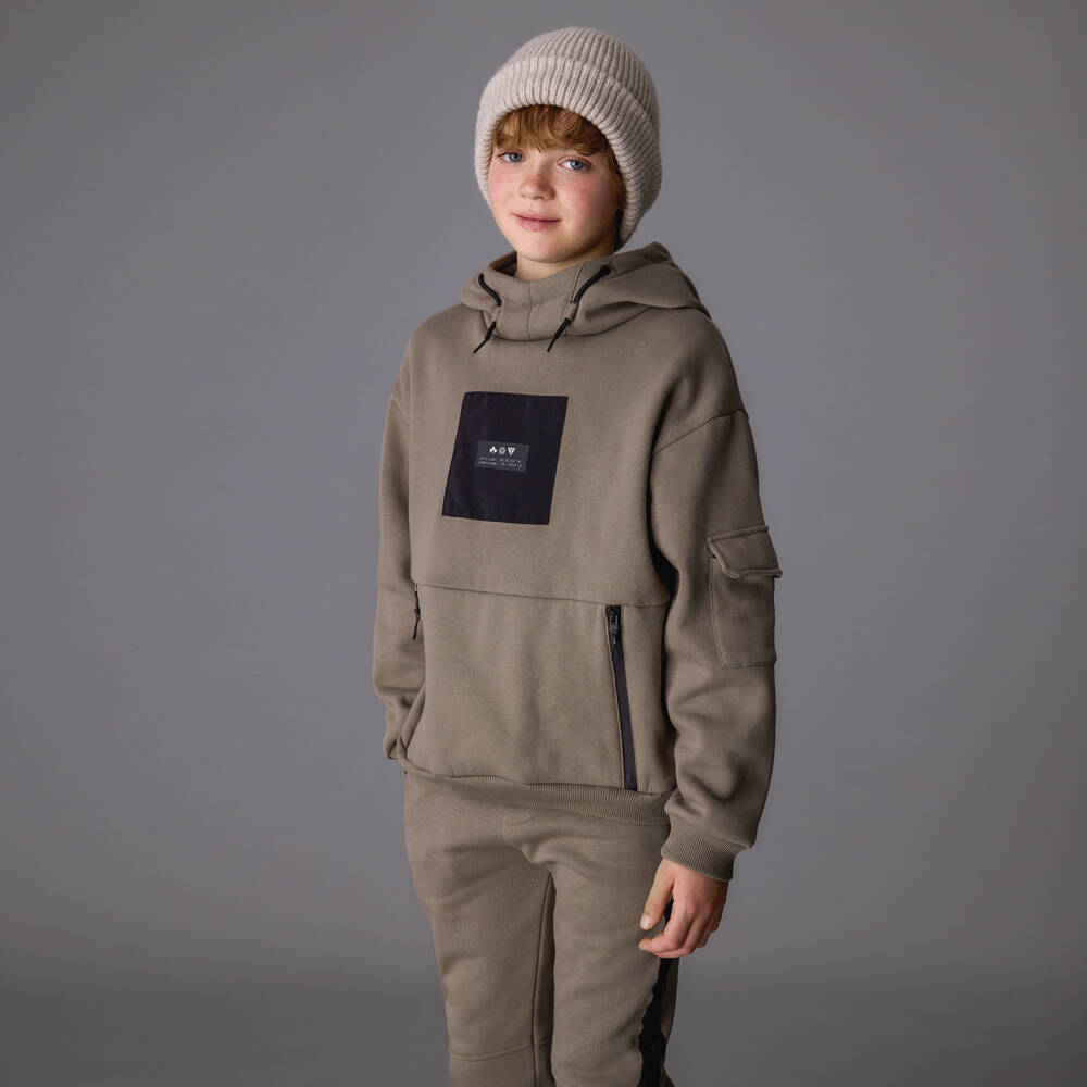Mayoral Nukutavake-Boys Taupe Zipped Pocket Jersey Hoodie | Childrensalon Outlet