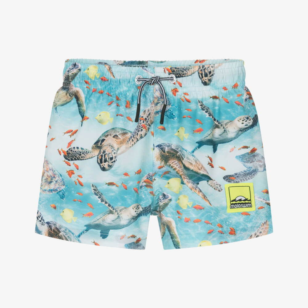 Molo-Boys Turquoise Blue Turtle Print Swim Shorts (UPF50+) | Childrensalon Outlet