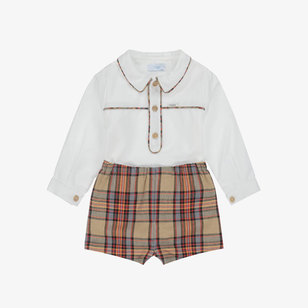 Foque-Бежевый комплект с шортами в тартан для мальчиков | Childrensalon Outlet