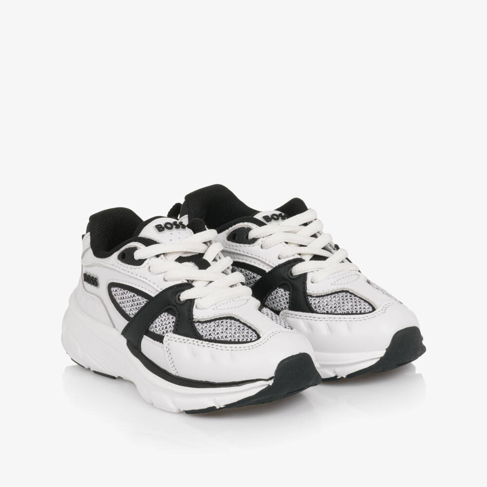 BOSS-Boys White & Black Leather Lace-Up Trainers with Mesh Trim | Childrensalon Outlet