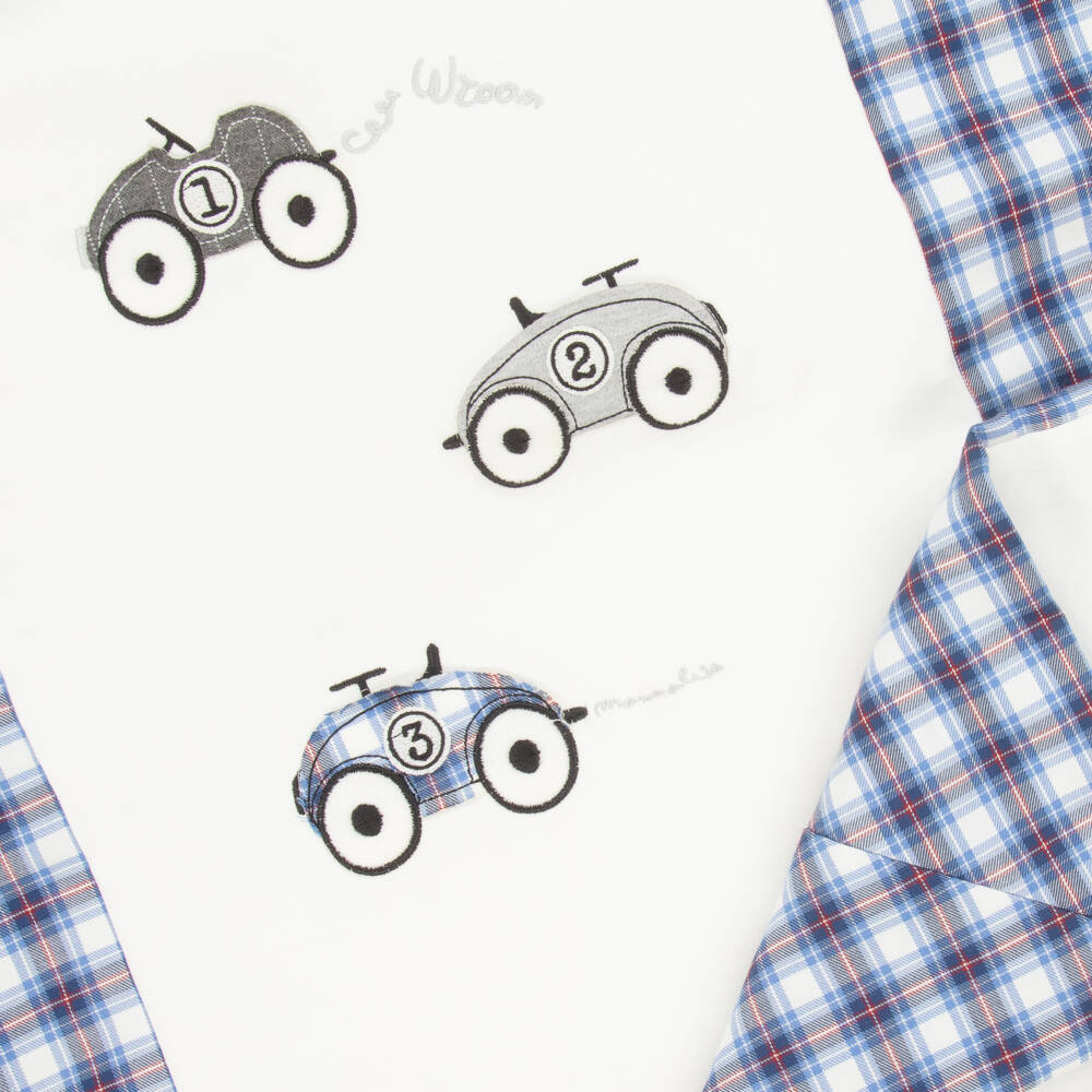 Monnalisa-Boys White & Blue Cotton Padded Racing Car Blanket (90cm) | Childrensalon Outlet