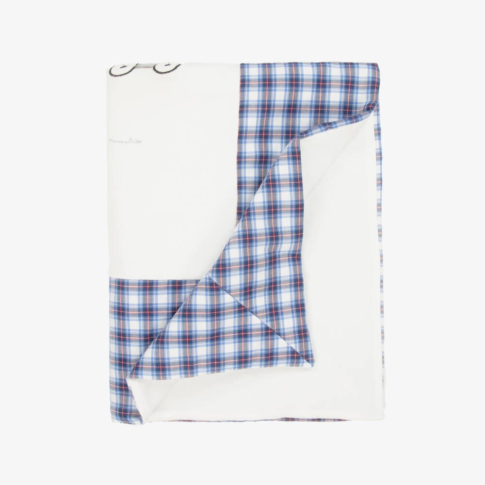 Monnalisa-Boys White & Blue Cotton Padded Racing Car Blanket (90cm) | Childrensalon Outlet