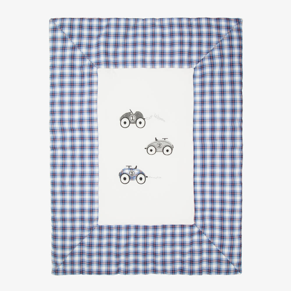 Monnalisa-Boys White & Blue Cotton Padded Racing Car Blanket (90cm) | Childrensalon Outlet
