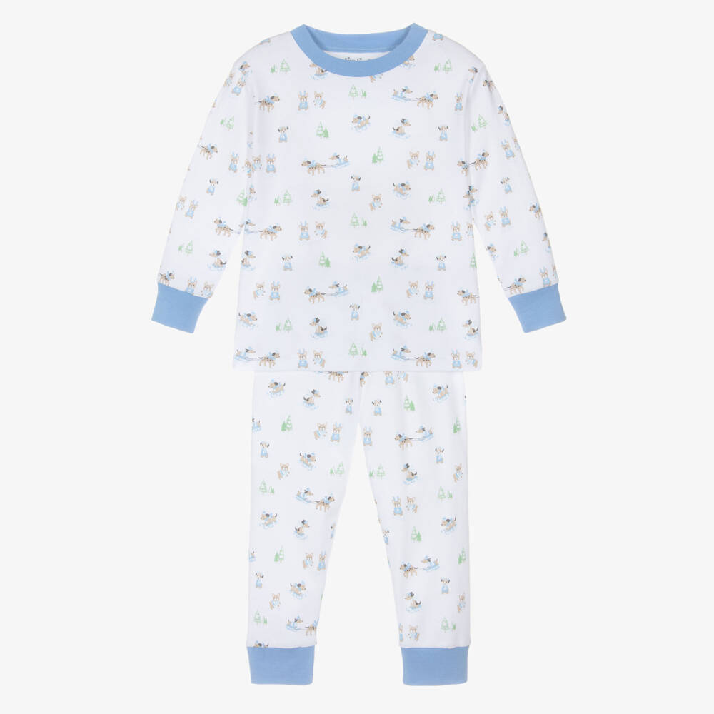 Kissy Kissy-Boys White & Blue Cotton Puppy's Sleigh Riding Fun Pyjamas  | Childrensalon Outlet