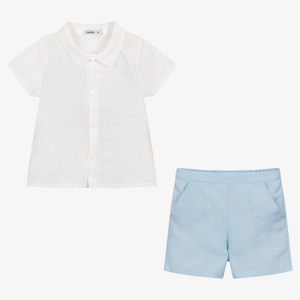 Babidu-Boys White & Blue Cotton Shorts Set | Childrensalon Outlet