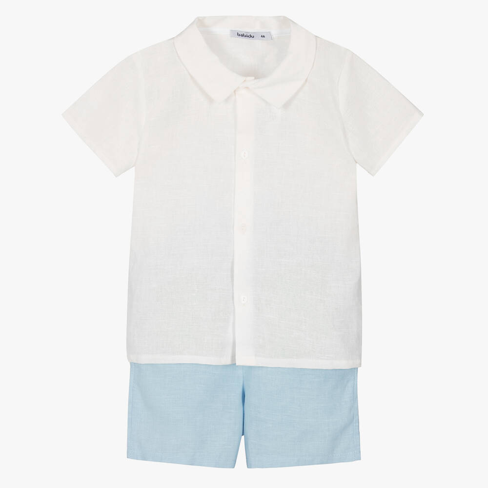 Babidu-Boys White & Blue Cotton Shorts Set | Childrensalon Outlet