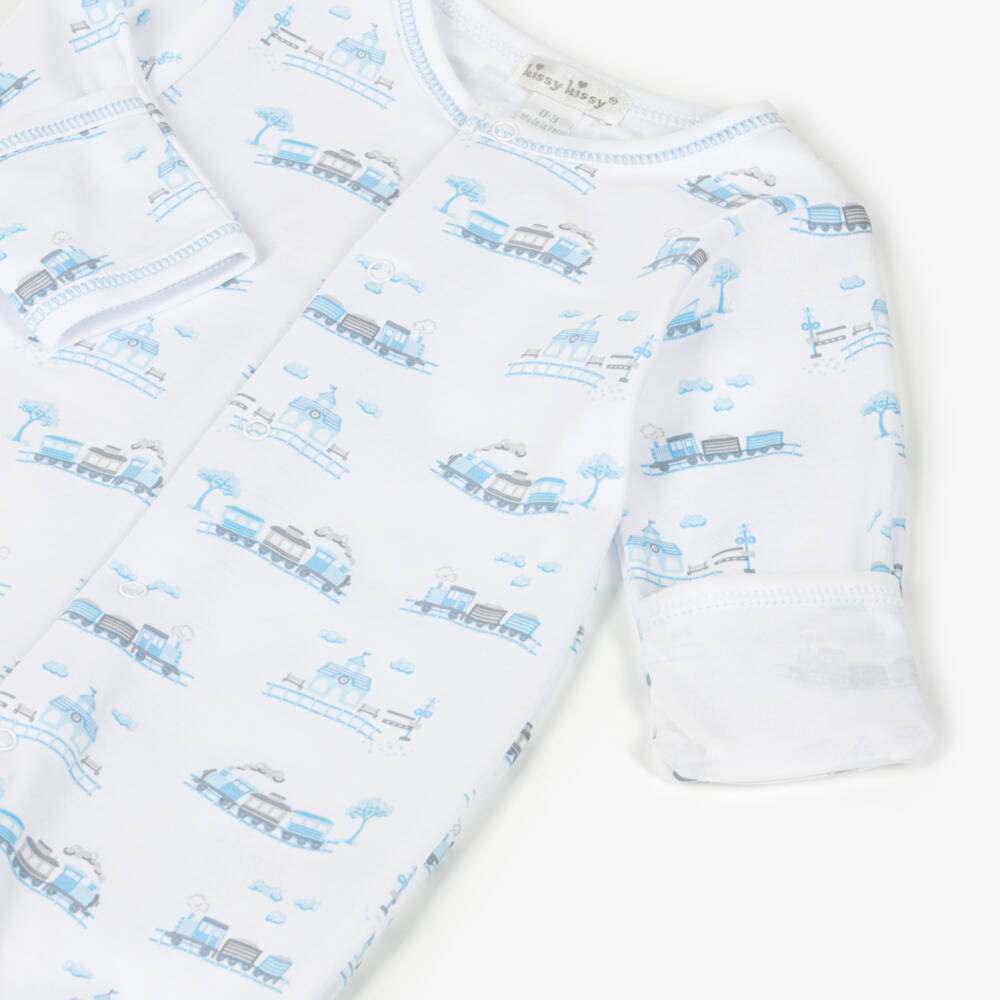 Kissy Kissy-Boys White & Blue Pima Cotton Roundabout Railroad Babygrow | Childrensalon Outlet