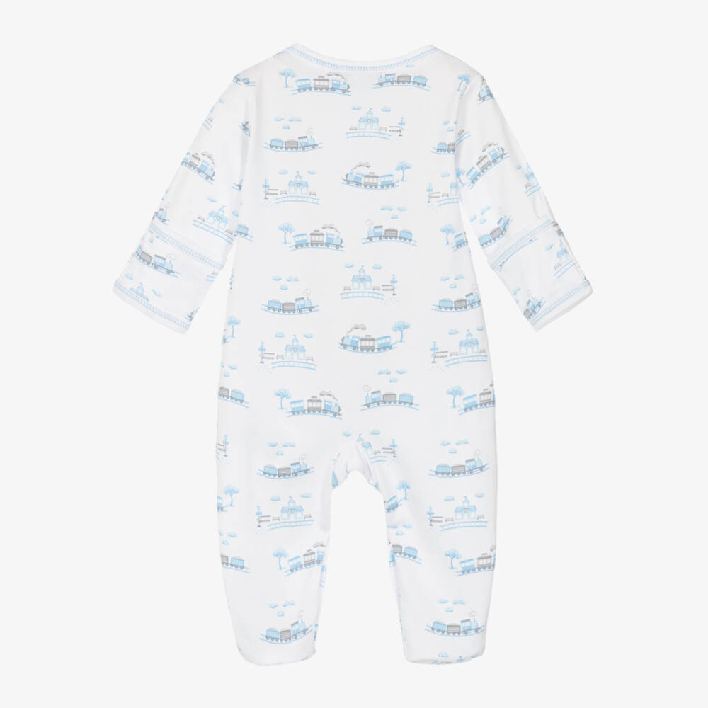 Kissy Kissy-Boys White & Blue Pima Cotton Roundabout Railroad Babygrow | Childrensalon Outlet