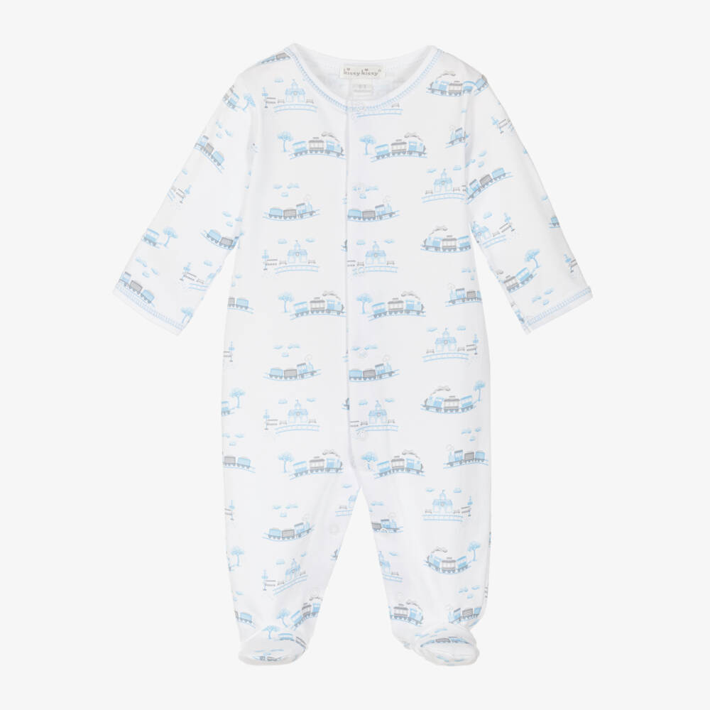 Kissy Kissy-Boys White & Blue Pima Cotton Roundabout Railroad Babygrow | Childrensalon Outlet