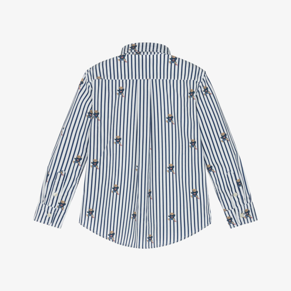Ralph Lauren-Boys White & Blue Striped Polo Bear Cotton Shirt | Childrensalon Outlet