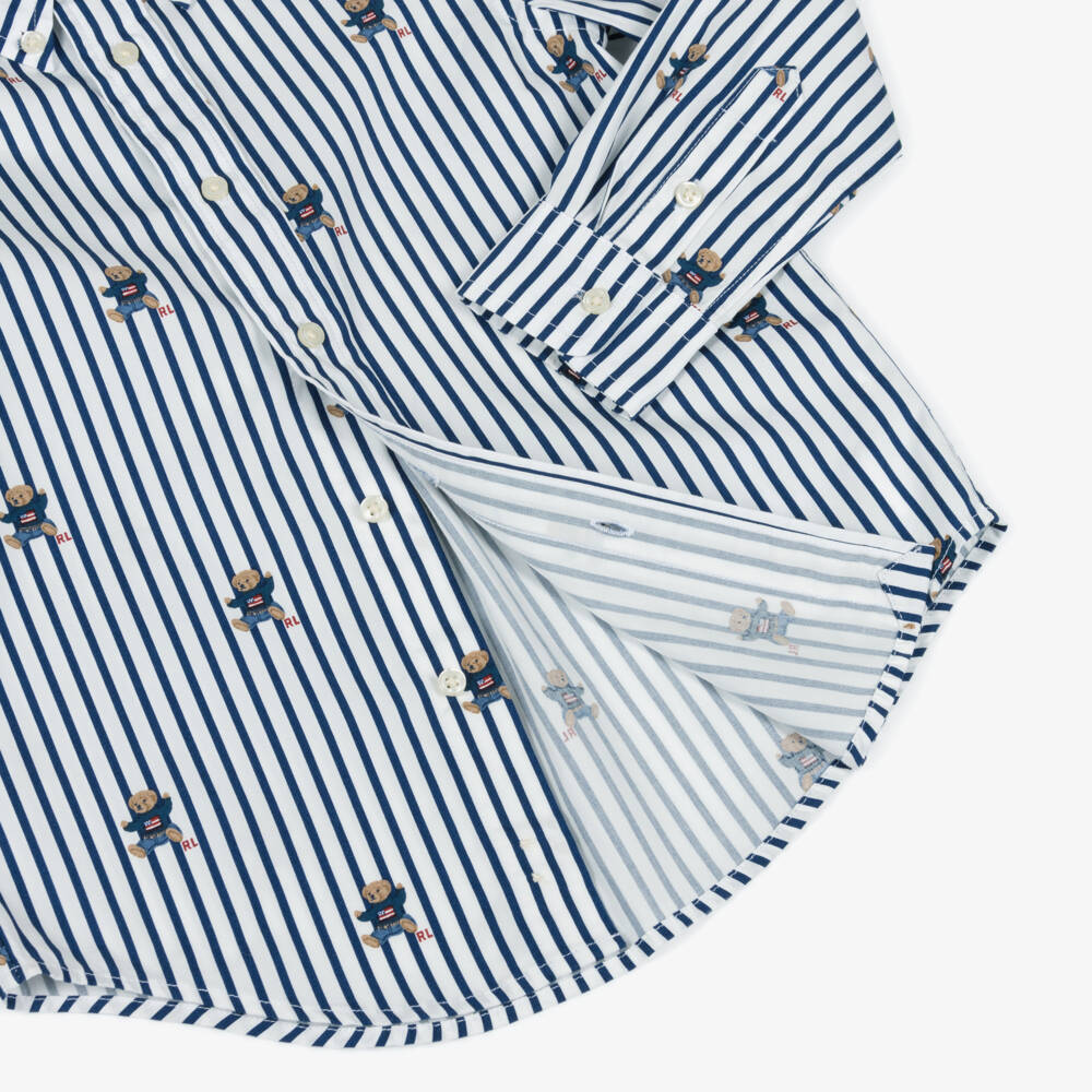 Ralph Lauren-Boys White & Blue Striped Polo Bear Cotton Shirt | Childrensalon Outlet
