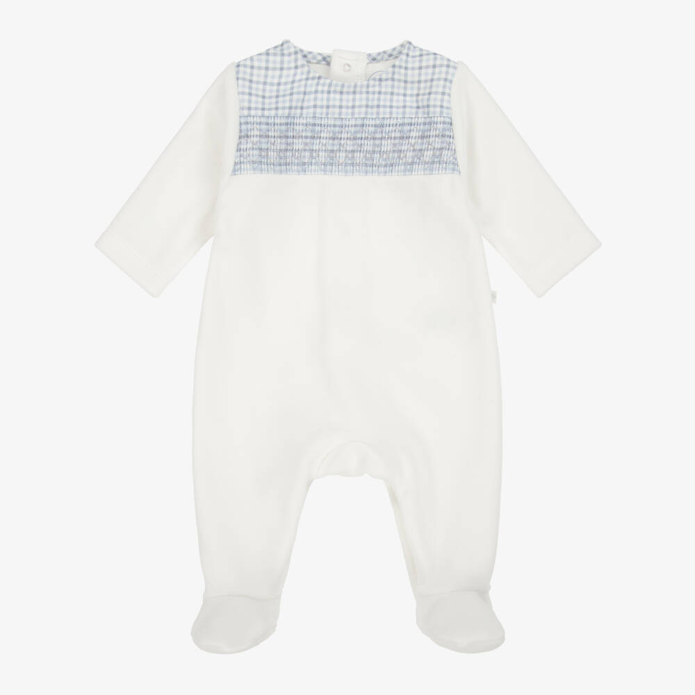 Laranjinha-Boys White & Blue Velour Babygrow with Smocking | Childrensalon Outlet