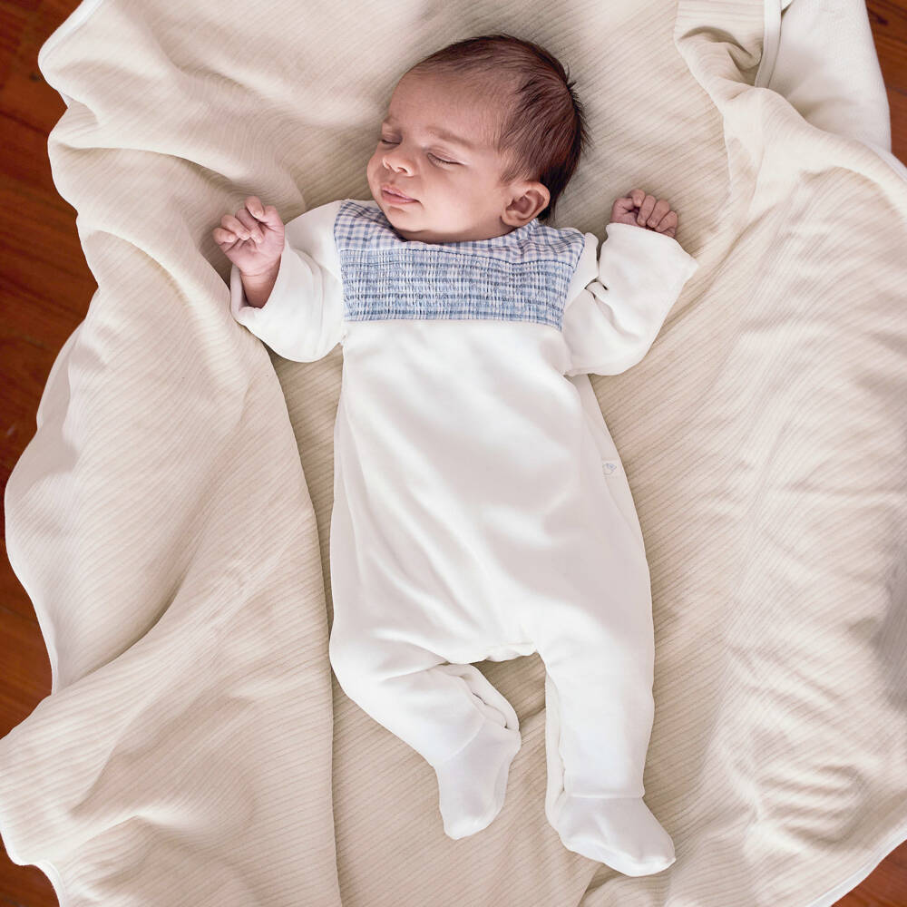 Laranjinha-Boys White & Blue Velour Babygrow with Smocking | Childrensalon Outlet