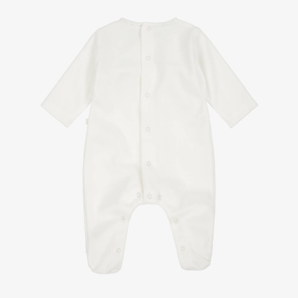 Laranjinha-Boys White & Blue Velour Babygrow with Smocking | Childrensalon Outlet