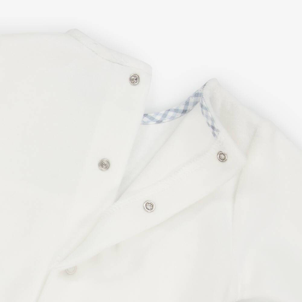 Laranjinha-Boys White & Blue Velour Babygrow with Smocking | Childrensalon Outlet