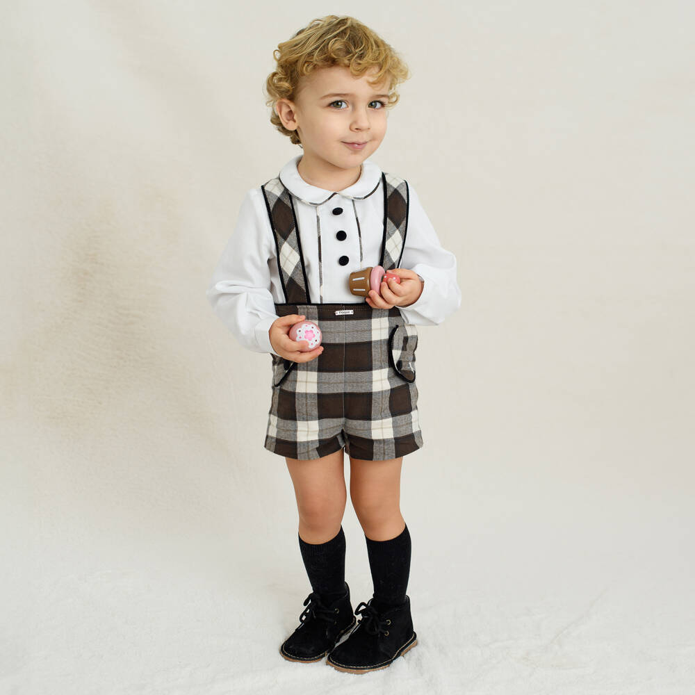 Foque-Boys White & Brown Check Organic Cotton Shorts Set | Childrensalon Outlet