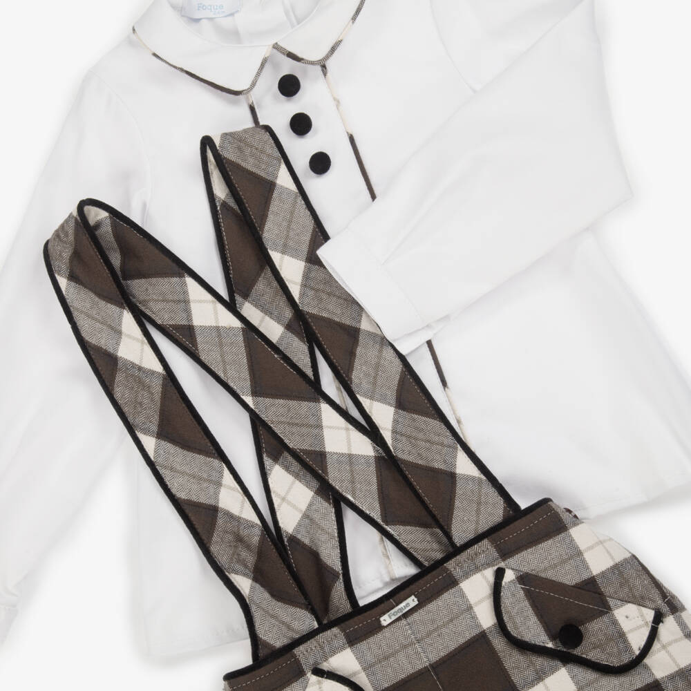 Foque-Boys White & Brown Check Organic Cotton Shorts Set | Childrensalon Outlet