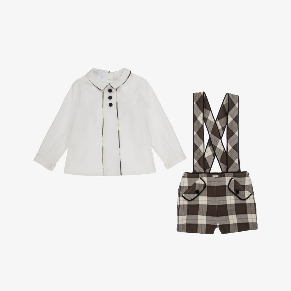 Foque-Boys White & Brown Check Organic Cotton Shorts Set | Childrensalon Outlet