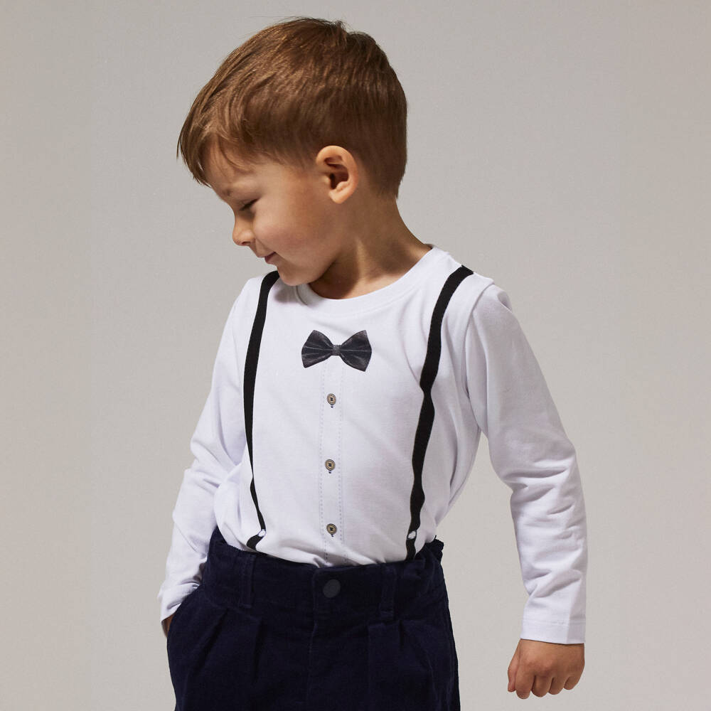 NAME IT-Boys White Cotton Bow Tie & Braces Print Top | Childrensalon Outlet
